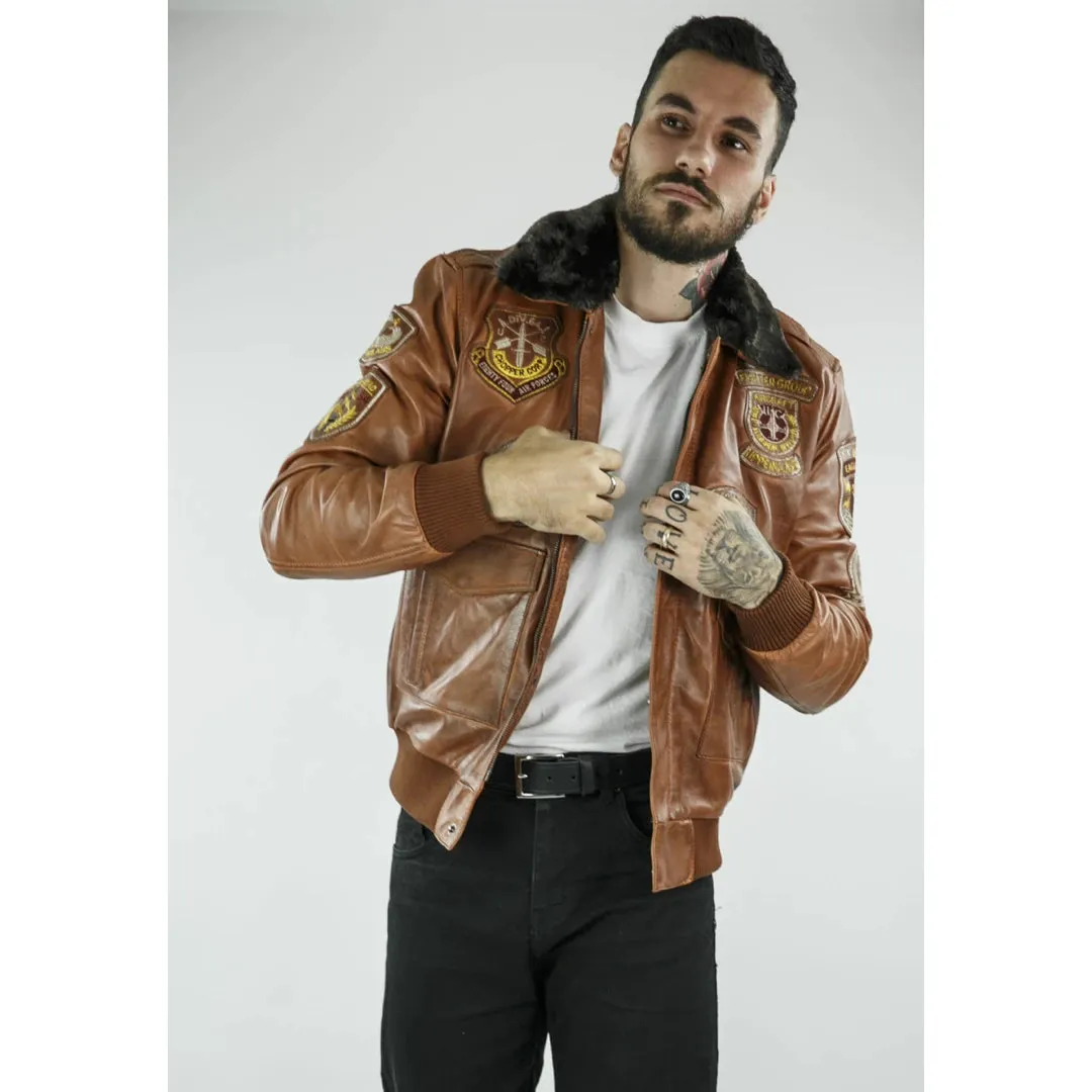 Aviador masculino Flying Pilot Jacket Bomber Chaqueta Tan collar de pieles negras extraíbles