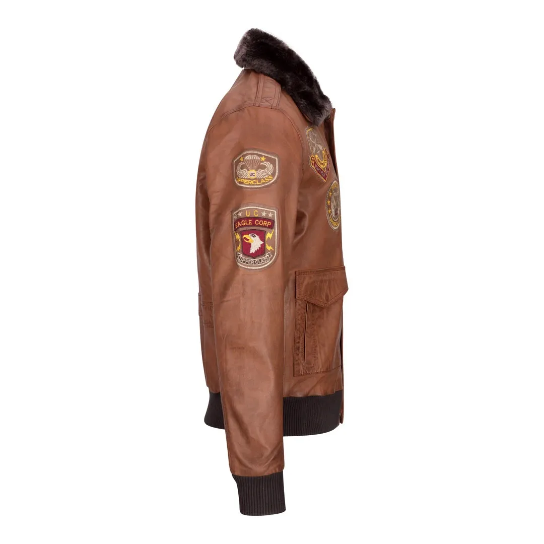 Aviador masculino Flying Pilot Jacket Bomber Chaqueta Tan collar de pieles negras extraíbles