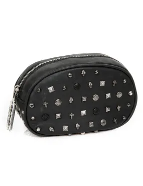 Black leather handbag with different decorations