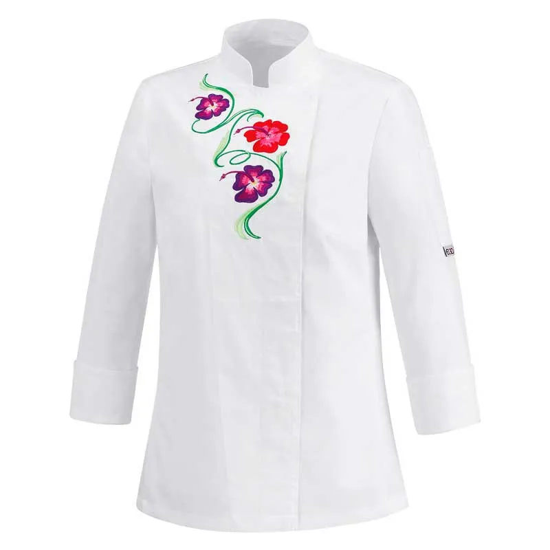 Chaqueta de cocinera Slim Fit blanca bordado flores - Egochef