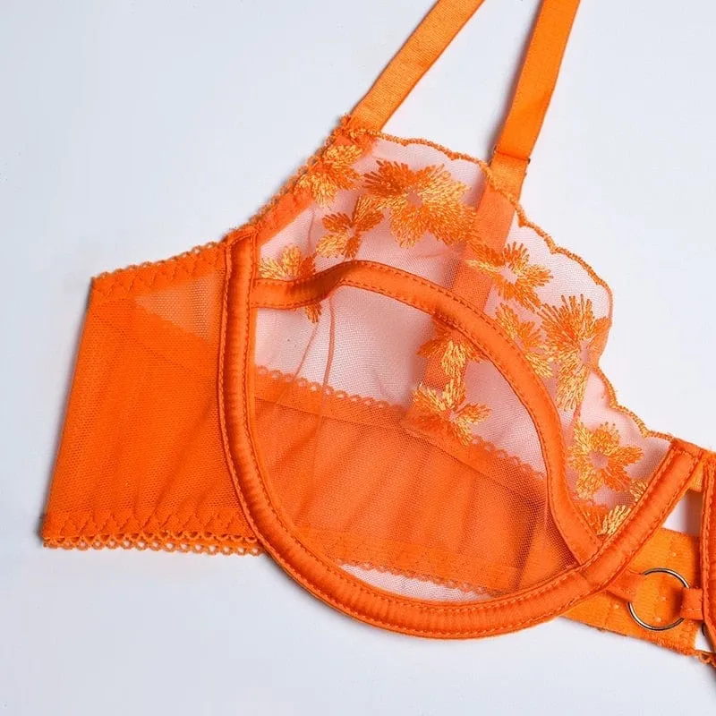 Conjunto de lencería naranja de encaje